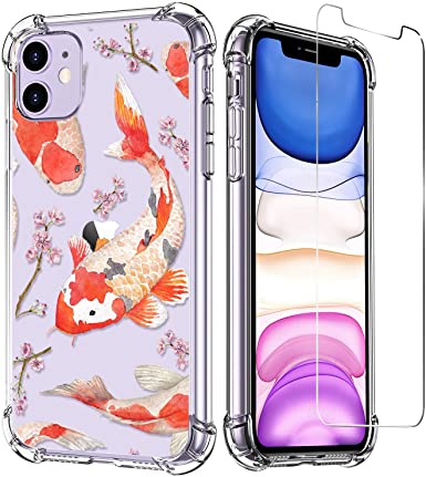 LUXVEER iPhone 11 Case with Tempered Glass Screen Protector,Beautiful Fishes Pattern on Soft TPU Bumper Cover for Grils Women,Shockproof Slim Fit Protective Phone Case for Apple iPhone 11 6.1 inch