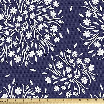 Ambesonne Navy and White Fabric by The Yard Scroll Pattern with Little Rural Wildflowers Buds Feminine Corsage Decorative Material for Outdoor and Indoor Projects DIY Hobby Sewing 1 Yard Indigo White