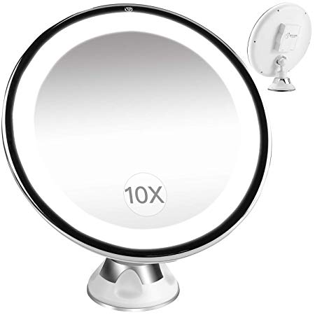 BESTOPE Lighted Makeup Mirror 10x Magnifying Vanity Mirror with 16 LED Lights, 360 Rotation, Cordless, Locking Suction Portable Illuminated Bathroom Mirror