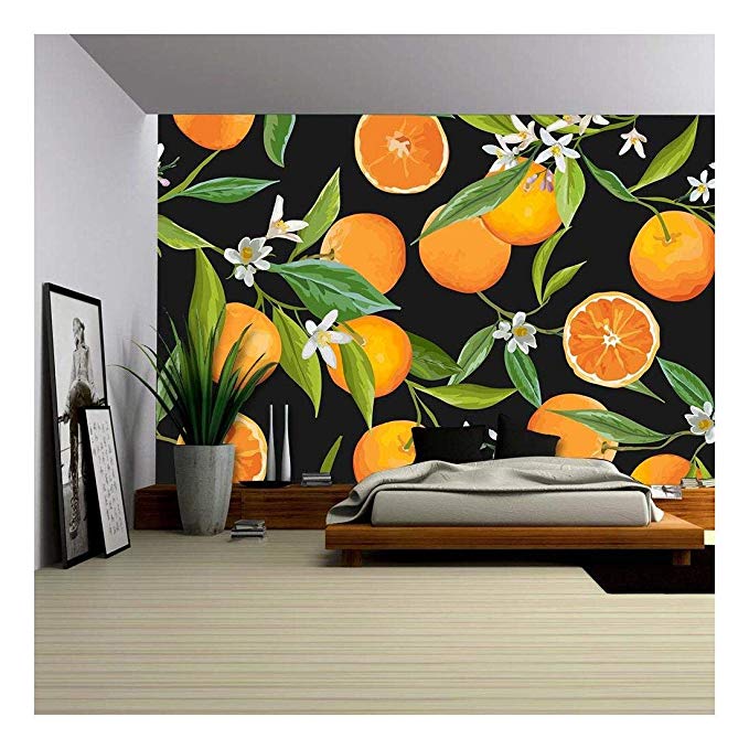 wall26 - Vector - Seamless Pattern. Orange Fruits Background. Floral Pattern. Flowers, Leaves, Fruits Background - Removable Wall Mural | Self-Adhesive Large Wallpaper - 66x96 inches