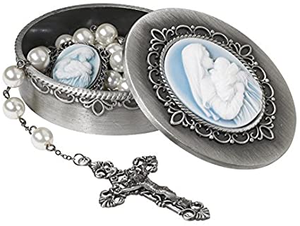 A Mother's Kiss Madonna with Child Cameo Gift Set. Includes Virgin Mary and Jesus Christ Cameo Silver and Blue Rosary Box and matching Light blue, Pearl and silver metal Rosary