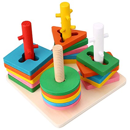 Peradix Shape Sorter Wooden Colorful Geometry Column Shape Sort Building Blocks Set for Kids Creative Present