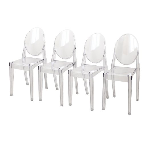 Bushman Clear Victoria Style Ghost Side Chairs Crystal Transparent Polycarbonate Contemporary Dining Room Modern Lounge Chair No Arm Arms Armless, 4 Piece