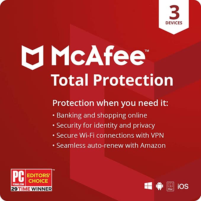 McAfee Total Protection 2021,3 Device, Antivirus Internet Security Software, VPN, Password Manager, Privacy, 1 Year with Auto Renewal - Amazon Exclusive Subscription
