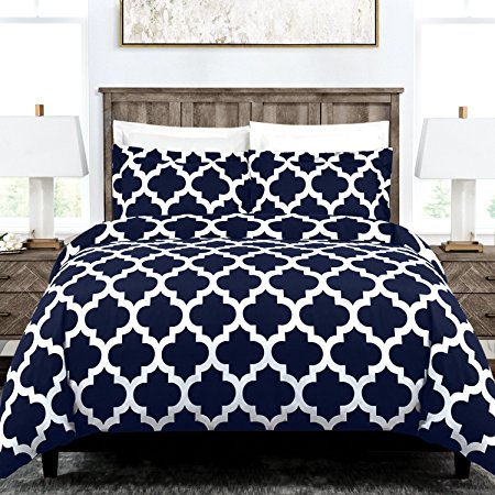 Egyptian Luxury Quatrefoil Duvet Cover Set - 3-Piece Ultra Soft Double Brushed Microfiber Printed Cover with Shams - King /Cal King - Navy/White