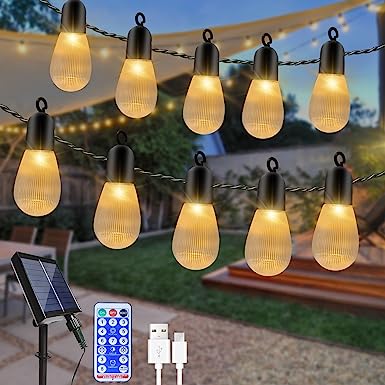 FANSIR Solar Festoon Lights Outdoor, 13M/42.7FT USB&Solar String Lights Outdoor Garden, 8 Modes 25LED Waterproof Solar Fairy Bulb Lights with Remote for Patio, Yard, Tree, Party, Wedding Decor