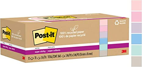 Post-it 100% Recycled Paper Super Sticky Notes, 2X The Sticking Power, 3x3 in, 12 Pads/Pack, 70 Sheets/Pad, Wanderlust Pastels Collection (654R-12SSNRP)