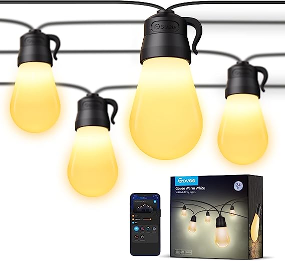 Govee Outdoor String Lights, 24ft Smart Outdoor String Lights with 8 Dimmable Warm White LED Bulbs, IP65 Waterproof Shatterproof Patio Lights for Dating, Party, Camping, APP Control, 70lm per Bulb