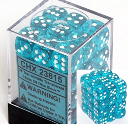 Chessex Dice d6 Sets: Teal with White Translucent - 12mm Six Sided Die (36) Block of Dice