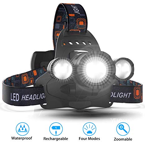 [2019 Latest] Headlamps, Hands Free Head Lamp Flashlight Kit, 4 Lighting Modes, 18650 USB Rechargeable Waterproof Flashlight with Zoomable Light for Running, Walking, Camping, Working (Black)