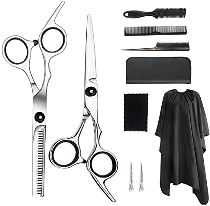 Cutting Scissors Set 10 Pcs Professional Hairdressing Scissors Kit, Hair Cutting Scissors, Thinning Shears, Hair Razor Comb, Clips, Cape, Shears Kit for Home, Salon, Barber