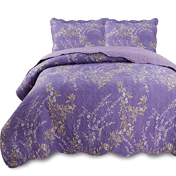 KASENTEX Country-Chic Printed Pre-Washed Set. Microfiber Fabric Floral Design. Queen Quilt   2 Shams. Purple