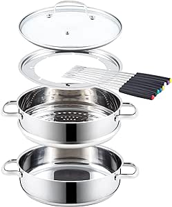 Nuwave Design-18/8 Stainless Steel Cookware,Free of PTFE PFOA PFOS,Fondue Pot Set,Works On All Cooktops and Induction Cooker,Include Pot,Steamer Basket,Glass Lid and 8 Fondue Forks,10 -Yeär Wärranty