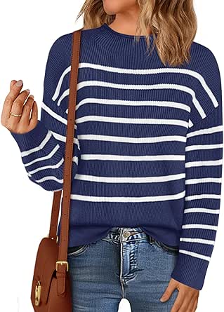 MEROKEETY Women's Fall Long Sleeve Striped Pullover Sweaters 2024 Trendy Turtleneck Casual Knit Tops