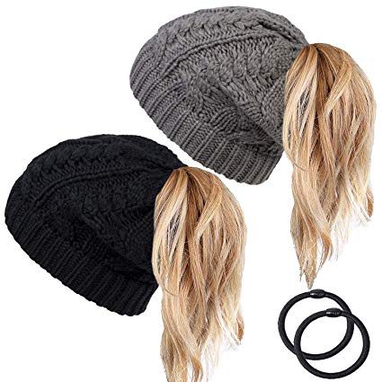 YSense 2 Pack Ponytail Beanie Hat Women Winter Hats Soft Cable Knit Hat with Ponytail Hole Bun Beanie Hat