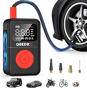 GREPRO Tire Inflator Portable Air Compressor, 160 PSI Portable Air Pump, 3X Faster Air Pump with Digital Pressure Gauge, LED Light, and Multiple Adapters for Car, Moto, Bike, and Other Inflatables