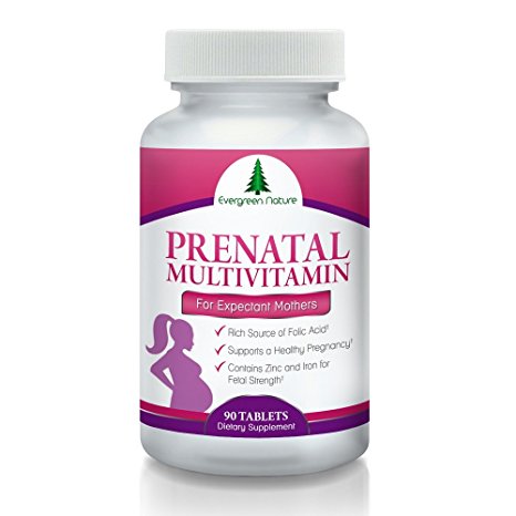3 FOR 2 OFFER (add 3 to basket 1 auto deducted) - Evergreen Nature Prenatal Vitamins with Folic Acid Pre, during & post Pregnancy & Breastfeeding - 3 month supply – Also includes Iron & Zinc