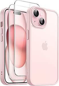 JETech 3 in 1 Matte Case for iPhone 15 6.1-Inch with 2-Pack Tempered Glass Screen Protector, Translucent Frosted Shockproof Phone Cover (Pink)