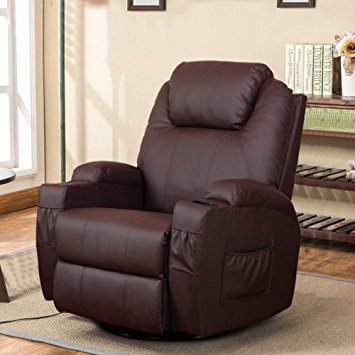 Esright Massage Recliner Chair Heated PU Leather Ergonomic Lounge 360 Degree Swivel (Brown)