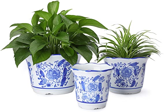 POTEY Ceramic Planter - 4.1 5.6 7.2 Inch Blue and White Porcelain Decorative Flower Pot with Drainage Hole - Set of 3 - 213931