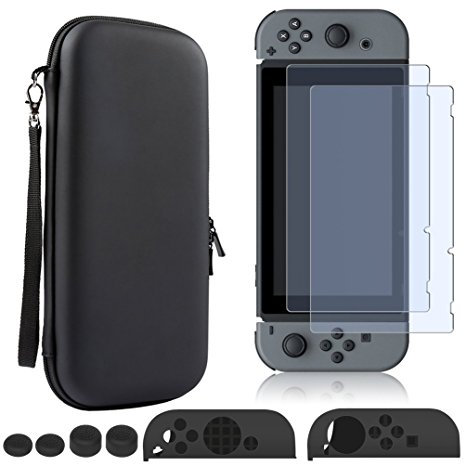 4 in 1 Starter Kits for Nintendo Switch, Nintendo Switch Carry Case Bag   2PCS Switch Tempered Glass Screen Protector   Silicone Joy-Con Cover Case Thumb Grips Caps Set Accessories