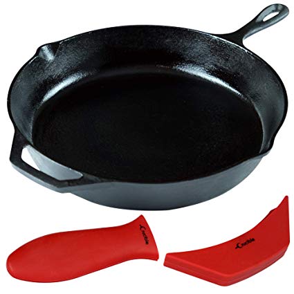 12-Inch Cast Iron Skillet Set (Pre-Seasoned), Including Large & Assist Silicone Hot Handle Holders | Indoor & Outdoor Use