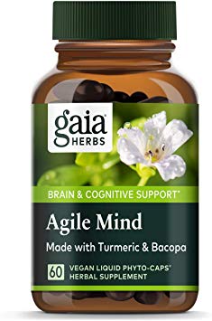 Gaia Herbs, Agile Mind, Brain & Cognitive Support, Turmeric, Bacopa, Ginkgo, Vegan Liquid Capsules, 60Count