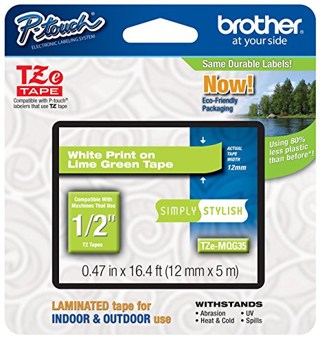 Brother P-touch ~1/2" (0.47") White on Lime Green Standard Laminated Tape - 16.4 ft. (5m)