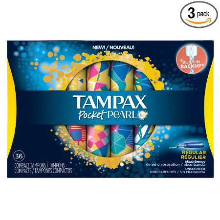 Tampax Pocket Pearl Compact Plastic Regular Absorbency Unscented Tampons 36 Count Pack of 3