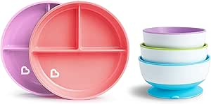 Munchkin® Stay Put™ Suction Bowls and Divided Plates for Babies and Toddlers, BPA Free, 5 Pack, Blue/Green/Purple/Pink