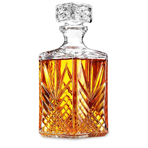 Glass Whiskey Decanter - Italian Crafted Elegant liquor Decanter with Airtight Geometric Stopper, Bar Decanter for Wine, Bourbon, Brandy, Liquor, Juice, Vodka, Tequila, ETC. | 33.75 oz