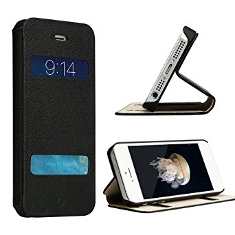 iPhone 5 5S Case-Labato Leather Stand Case-Magnetic Leather Case Fold Window Open Case Handmade Folio Flip Case For iPhone 5S Black Lbt-I5S-11L10