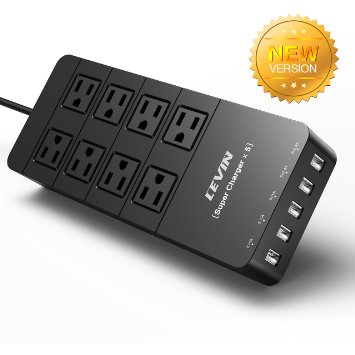 Levin 8 Outlet Power Strip Smart Surge Protector 4 AC Plugs and 5 USB Charger Ports Power Adapter 1250W 100-250V 1700 Joule Power Strip Triple Universal USB ports for 5V 1A and Dual Super USB ports for 5V 24A output