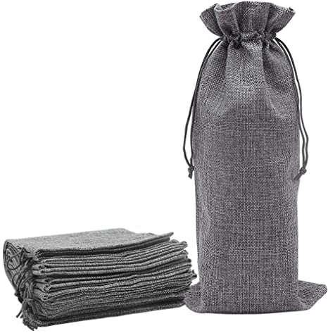 Shintop 12pcs Jute Wine Bags, 14 x 6 1/4 inches Hessian Wine Bottle Gift Bags with Drawstring for Blind Wine Tasting (Grey)
