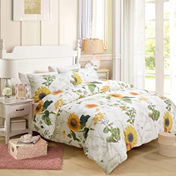 Softta Shabby Floral Sunflower Design baedding Queen Size 3Pc(1 Duvet Cover +2 Pillowcase/Shams) 60% Bamboo Fiber + 40% Egyptian Cotton Small Fresh