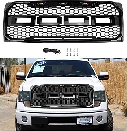 Grill Fit For F150 2009 2010 2011 2012 2013 2014 XL, XLT, LARIAT, King Ranch, Platinum and Limited 2009-2014 F150 Front Grille Matte Black with Amber LED Lights