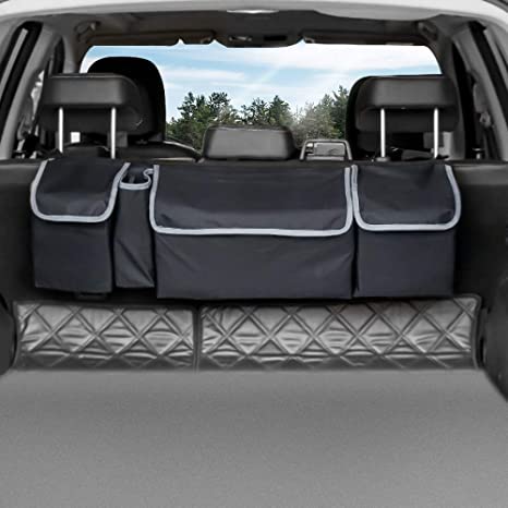 Trunk Organizer Car Storage, Car Interior Accessories for Men and Women, Collapsible Backseat Car Organizer with 4 Pockets, Car Trunk Hanging Organizer for SUV Truck, Black