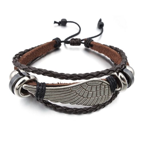 Mens Alloy Genuine Leather Bracelet Bangle Brown Black Angel Wing Tribal with Gift Bag