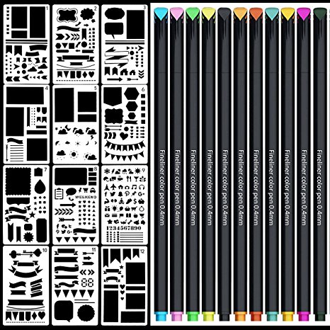 Bullet Journal Stencil Supplies,Painting Template with 12 Color Fineliner pens Notebook/Diary/Scrapbook DIY Painting Drawing Template Stencil 4x7 Inch