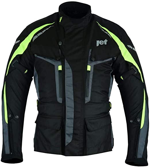JET Motorcycle Motorbike Jacket 3 Layer Premium All Seasons Textile Waterproof CE Armoured Adventurer (Fluro, 2XL (44" - 46"))