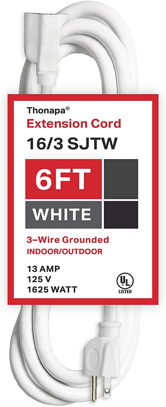 6 Ft White Extension Cord - 16/3 Durable Outdoor Electrical Cable