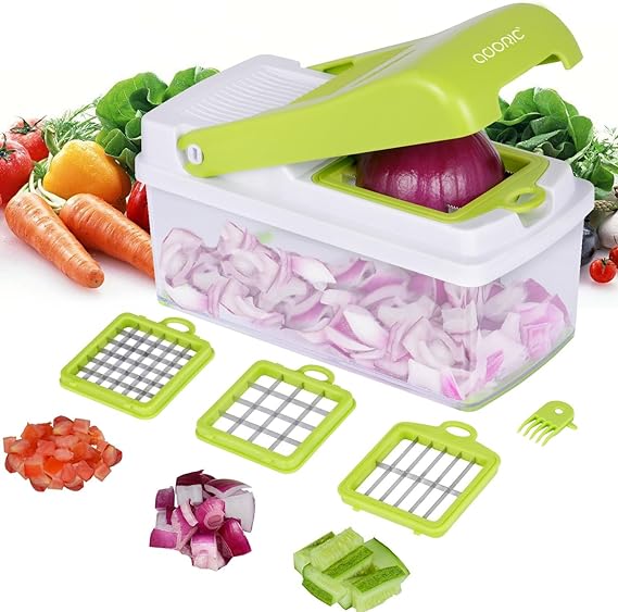 Vegetable Chopper, Veggie Chopper with Container & Cleaning Brush, Non-slip strip on the bottom, 3 Interchangeable Blades Set as Your Onion Chopper, Food Chopper, Salad Chopper