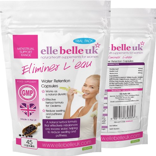 Water Retention Tablets - 45 Capsules - Elle Belle UK - Eliminer L'eau - Safe Natural Herbal Direutic - Suitable For Oedema Sufferers, Menstrual Water Retention & Swollen Legs, Hands & Feet - 100% Natural & Additive Free - Made In The UK - Suitable for Vegans & Vegetarians.