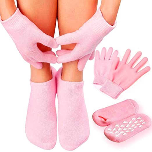Maverick Spa Gel Socks and Gloves Set Moisturizing Silicon Gel Combo For Hands Feet; Skin Whitening Care Beauty Spa Treatment Hydrating Cool Soft Cotton Booties & Gloves for Dry Hard Crack Skin (Pink)