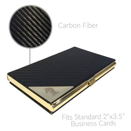 Carbon Fiber Covering / Stainless Steel Business Card/Credit Card Holder Case - Compact Wallet-Size - Keep Your Business Cards In Perfect Condition - Lifetime Warranty (Gold with Carbon Fiber)