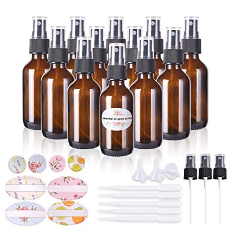 Empty spray bottles,2oz Refillable Glass Spray Bottle is Great for Essential Oils,Beauty Products, Homemade Cleaners and Aromatherapy-12Pack (3 Funnels,5 Droppers,3 Extra Nozzles,Labels Included)
