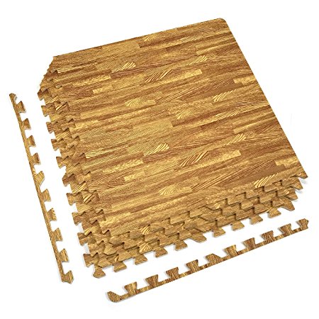 Sorbus Wood Grain Floor Mat 3/8-Inch Thick Foam Interlocking Flooring Tiles with Borders – for Home Office Playroom Basement Trade Show 4 Wood Grain Colors to Choose From