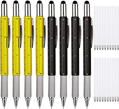 8 Pieces Gift Pen for Men 6 in 1 Multitool Tech Tool Pen Screwdriver Pen with Ruler, Levelgauge, Ballpoint Pen and Pen Refills, Unique Gifts for Men (Black, Yellow)