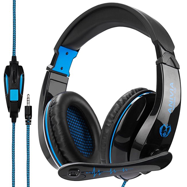 Anivia Wired Stereo Gaming Headphone Headband Headset with Microphone Volume-Controller for PS4/New Xbox One/PS Vita/Wii/PSP/ 3DS/ Switch/ Mobile Phones/PC Mac Computer Notebook-Black Blue
