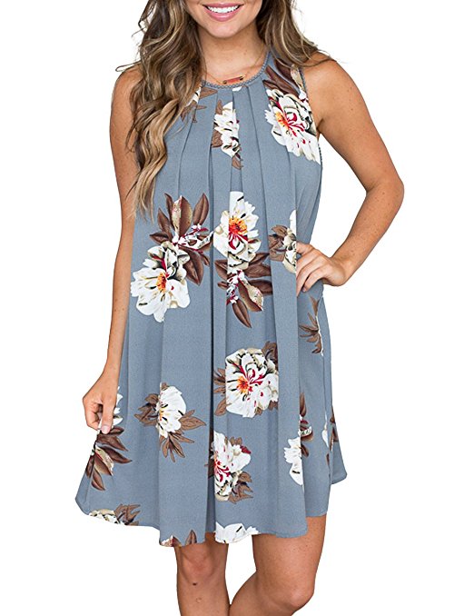 MEROKEETY Women's Sleeveless Floral Print Pleated Summer Loose Casual Mini Tank Dress